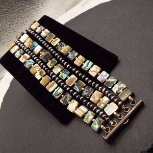 UNIQUE ABALONE "SQUARES" & TAHITIAN BLACK PEARLETTES STERLING BRACELET C1